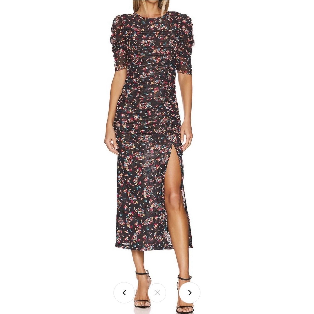 FreePeople Women's Midi Ruched Fitted Black Floral PuffSleeve SideSlit Dress SzL